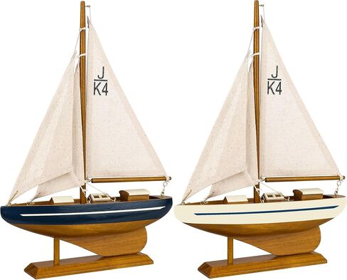 SAILINGSTORY نموذج المراكب الشراعية الخشبية السفينة الشراعية ديكور القارب 8 "اللون البحرية والعاجية مجموعة من 2 in Kuwait
