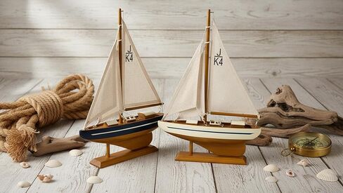 SAILINGSTORY نموذج المراكب الشراعية الخشبية السفينة الشراعية ديكور القارب 8 "اللون البحرية والعاجية مجموعة من 2 in Kuwait