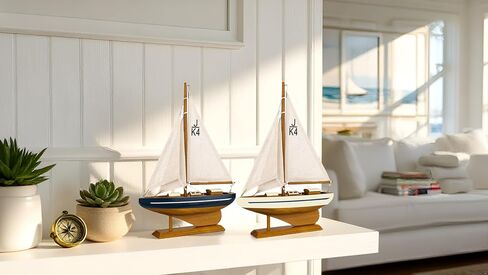 SAILINGSTORY نموذج المراكب الشراعية الخشبية السفينة الشراعية ديكور القارب 8 "اللون البحرية والعاجية مجموعة من 2 in Kuwait