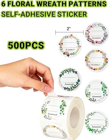 Jam and Jelly Jar White Canning Labels for Mason Jars, 2" Round 500pcs/roll 6 Floral Wreath Design with Lines for Writing Homemade Labels,Small Pantry Labels,All-Purpose Adhesive Sticker and More Tag in Kuwait
