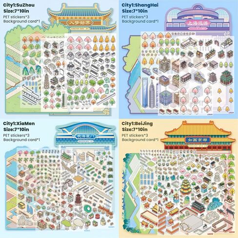 Big Size DIY 3D House Sticker Scene,4 Set City Sticker Therapy Kits, Cute Cartoon Stickers,Isometric Miniature Room Sticker Book for Adults Relief Stress(Type 1) in Saudi Arabia