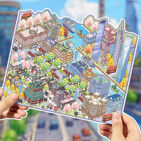 Big Size DIY 3D House Sticker Scene,4 Set City Sticker Therapy Kits, Cute Cartoon Stickers,Isometric Miniature Room Sticker Book for Adults Relief Stress(Type 1) in Saudi Arabia
