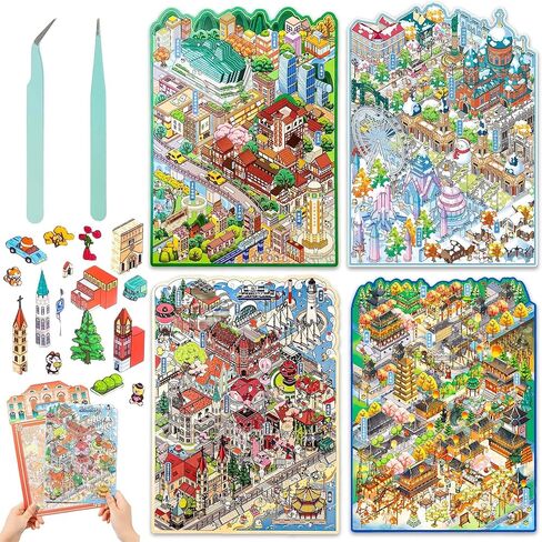 Big Size DIY 3D House Sticker Scene,4 Set City Sticker Therapy Kits, Cute Cartoon Stickers,Isometric Miniature Room Sticker Book for Adults Relief Stress(Type 1) in Saudi Arabia