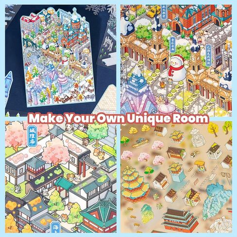Big Size DIY 3D House Sticker Scene,4 Set City Sticker Therapy Kits, Cute Cartoon Stickers,Isometric Miniature Room Sticker Book for Adults Relief Stress(Type 1) in Saudi Arabia