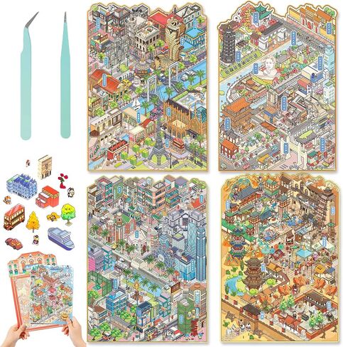 Big Size DIY 3D House Sticker Scene,4 Set City Sticker Therapy Kits, Cute Cartoon Stickers,Isometric Miniature Room Sticker Book for Adults Relief Stress(Type 1) in Saudi Arabia