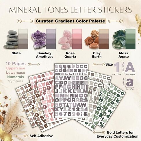 Mineral Tone Block Letter Sticker Collection - 775+ PCS Vinyl Alphabet Decals in Earthy Purples, Pinks, Greens, Greys, Browns with Uppercase, Lowercase, Numbers, & Symbols for Crafts + Scrapbooking in Saudi Arabia