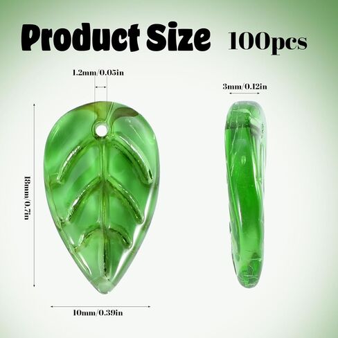 100Pcs Glass Green Leaf Beads with Hole, Spacer Bead for Handmade Jewelry Necklace Bracelet Earrings DIY Phong Charms Pendants Making - 1.8x1cm in Saudi Arabia