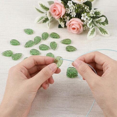100Pcs Glass Green Leaf Beads with Hole, Spacer Bead for Handmade Jewelry Necklace Bracelet Earrings DIY Phong Charms Pendants Making - 1.8x1cm in Saudi Arabia