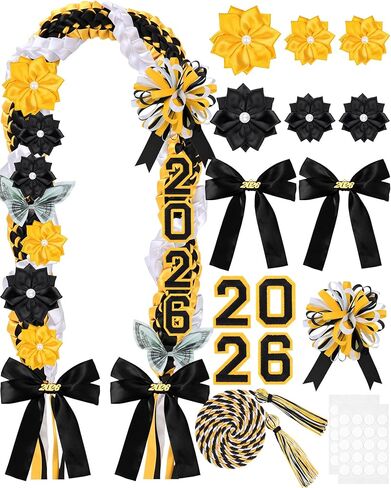 18 Pcs Graduation Lei 2026 – 50 Inch Double Braided Ribbon Money Lei Graduation Decoration Class of 2026 for Him Her High School College Grad Gift Party Supplies(Black Gold) in Saudi Arabia