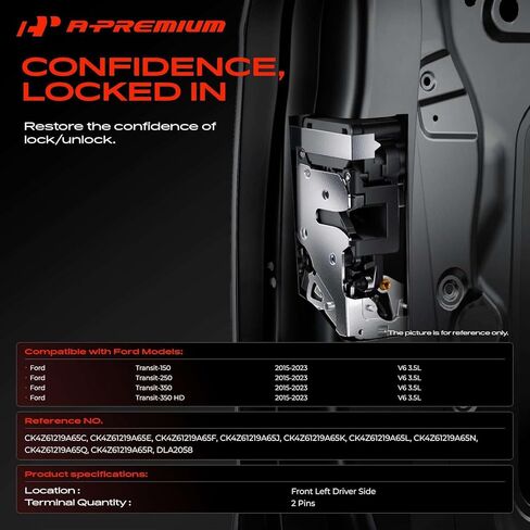 A-Premium Front Left Door Lock Actuator Driver Side Compatible with 2015-2023 Ford Transit-150, Transit-250, Transit-350, Transit-350 HD, V6 3.5L Only, with Hinged Door, 2 Pins Connector in Kuwait