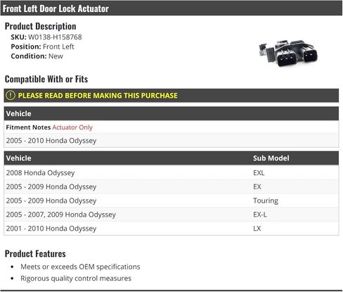 Front Left Driver Side Door Lock Actuator - Compatible with 2001-2010 Honda Odyssey in Kuwait