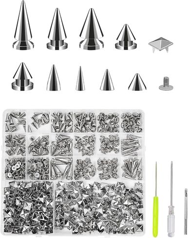 568PCS Punk Spikes and Studs Kit, 9 Sizes Premium Metal Cone Spikes, Square Pyramid Studs & Round Dome Rivets for Leathercraft, DIY Craft Decoration on Punk Clothes, Shoes, Belts, Dog Collars in Saudi Arabia
