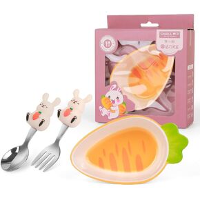 Carrot Bowl & Bunny Utensil Set, 6.8oz Durable Unbreakable Dish for Cereal, Soup, Snacks, Fruits Cute Vegetable-Themed Kids Dinnerware, Easy-Grip Design with 18/8 Stainless Steel Fork/Spoon in Saudi Arabia