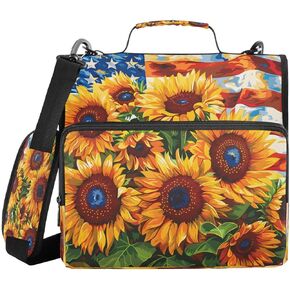 ALAZA Sunflower American Flag Floral Zipper Binder 3 Ring Binder Organizer with Zipper and Shoulder Strap Large Capacity Multi-Pocket for Office Supplies Work in Saudi Arabia