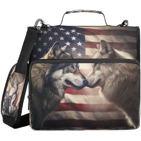 ALAZA Wolf American Flag Zipper Binder 3 Ring Binder Organizer with Zipper and Shoulder Strap Large Capacity Multi-Pocket for Office Supplies Work in Kuwait