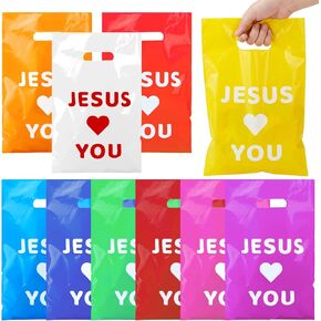 ajabavbd 100 Pcs Jesus Loves You Bag, Christian Gifts Bulk Religious Plastic, Gift Bags with Handles, for Jesus Birthday Thanksgiving Christmas Easser Party in Saudi Arabia