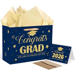 GOLDCROW Blue Gold Graduation Gift Bag, Congratulations Class of 2026 Design with Tissue Paper and Greeting Card, for Class of 2026 Congrats Grad Party Decorations in Saudi Arabia