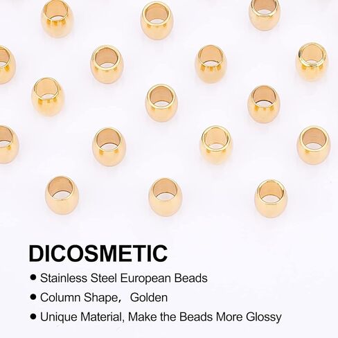 DICOSMETIC 50 قطعة خرز فاصل أسطواني 4 مم خرز بفتحة كبيرة عمود من الفولاذ المقاوم للصدأ خرزة فضفاضة 6 مم خرزة أوروبية ذهبية صغيرة لأساور صنع المجوهرات النتائج DIY in Kuwait
