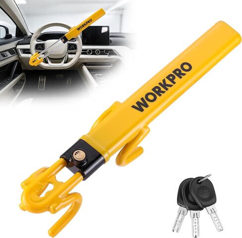 WORKPRO Steering Wheel Lock, Heavy Duty Anti-Theft Car Device with Double Hooks, Adjustable Universal Fit for Cars, Trucks and SUVs, Visible Security Lock with 3 Keys in Kuwait