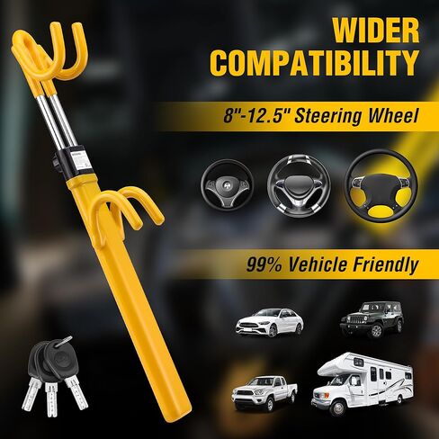 WORKPRO Steering Wheel Lock, Heavy Duty Anti-Theft Car Device with Double Hooks, Adjustable Universal Fit for Cars, Trucks and SUVs, Visible Security Lock with 3 Keys in Kuwait