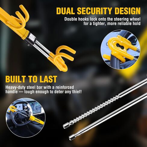 WORKPRO Steering Wheel Lock, Heavy Duty Anti-Theft Car Device with Double Hooks, Adjustable Universal Fit for Cars, Trucks and SUVs, Visible Security Lock with 3 Keys in Kuwait