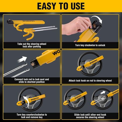 WORKPRO Steering Wheel Lock, Heavy Duty Anti-Theft Car Device with Double Hooks, Adjustable Universal Fit for Cars, Trucks and SUVs, Visible Security Lock with 3 Keys in Kuwait