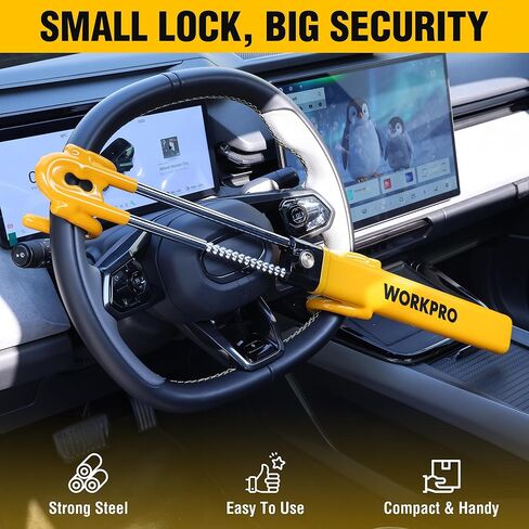 WORKPRO Steering Wheel Lock, Heavy Duty Anti-Theft Car Device with Double Hooks, Adjustable Universal Fit for Cars, Trucks and SUVs, Visible Security Lock with 3 Keys in Kuwait