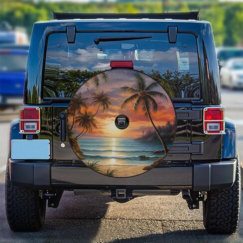 Spare Tire Cover with Backup Camera Hole Sunset Beach Palm Tree Waterproof Tire Cover Fit for Rv SUV Truck Travel Trailer 17inch in Saudi Arabia