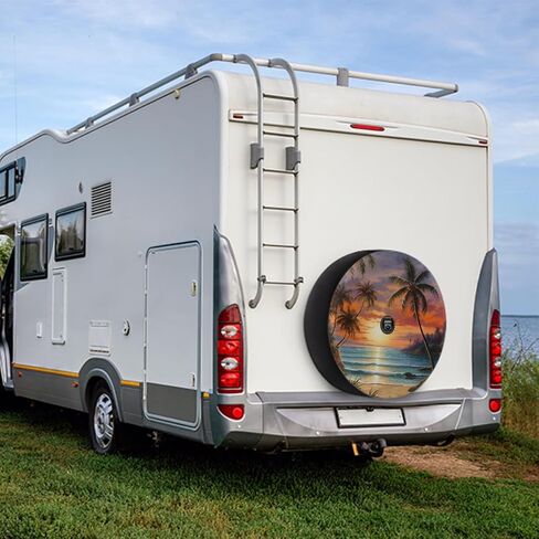 Spare Tire Cover with Backup Camera Hole Sunset Beach Palm Tree Waterproof Tire Cover Fit for Rv SUV Truck Travel Trailer 17inch in Saudi Arabia
