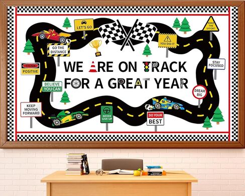 Racing Car Bulletin Board Checkered Flags Classroom Decoration Supply We are On Track Bulletin Board Decorations Set Motivational Cutouts Back to School Posters for School Classroom Chalkboard Supply in Saudi Arabia