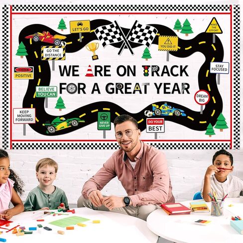 Racing Car Bulletin Board Checkered Flags Classroom Decoration Supply We are On Track Bulletin Board Decorations Set Motivational Cutouts Back to School Posters for School Classroom Chalkboard Supply in Saudi Arabia
