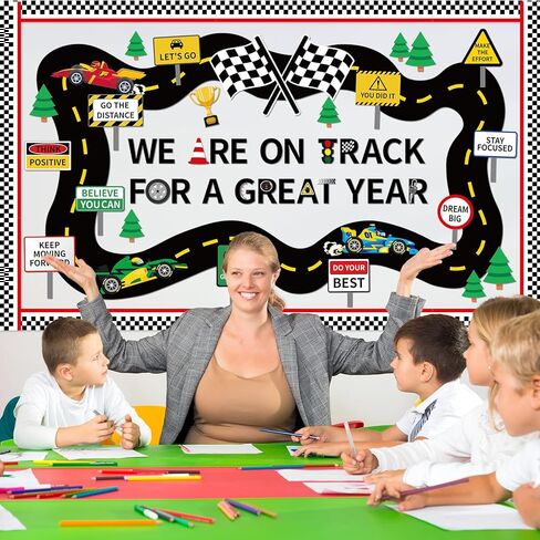 Racing Car Bulletin Board Checkered Flags Classroom Decoration Supply We are On Track Bulletin Board Decorations Set Motivational Cutouts Back to School Posters for School Classroom Chalkboard Supply in Saudi Arabia
