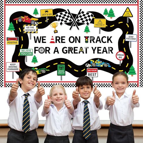Racing Car Bulletin Board Checkered Flags Classroom Decoration Supply We are On Track Bulletin Board Decorations Set Motivational Cutouts Back to School Posters for School Classroom Chalkboard Supply in Saudi Arabia