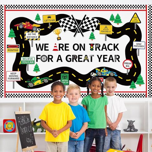 Racing Car Bulletin Board Checkered Flags Classroom Decoration Supply We are On Track Bulletin Board Decorations Set Motivational Cutouts Back to School Posters for School Classroom Chalkboard Supply in Saudi Arabia