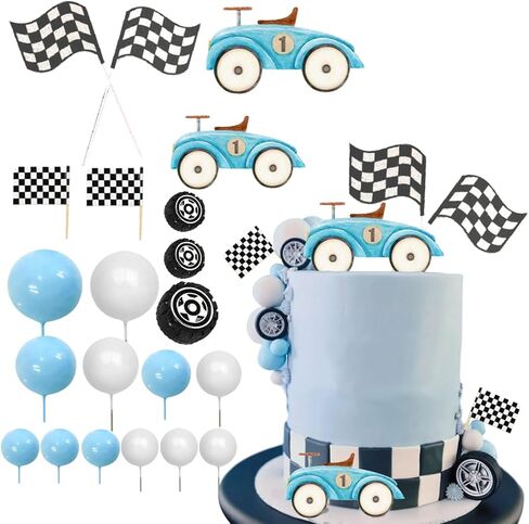 Vintage Car Cake Toppers Blue Car Cake Toppers with Vintage Cars Blue White Balls Flags Wheels Set for 1st Baby Shower Party Supplies Decor in Saudi Arabia