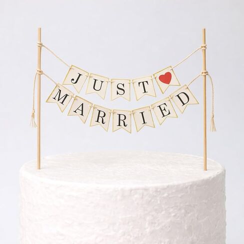 Wedding Cake Topper, Just Married Banner Vintage Rustic Style, Handmade Ivory Cotton Flags with Natural Wood Poles, Pre-Assembled Cake Decoration for Wedding Cheese Table in Saudi Arabia