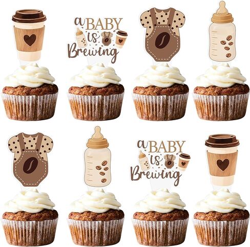 A Baby is Brewing Cupcake Toppers, Coffee Theme Baby Shower Decorations, 48 Pack, Brown Gender Reveal Party Supplies with Coffee Cup and Baby Bottle Picks in Saudi Arabia