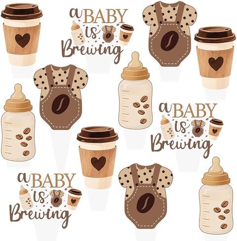 A Baby is Brewing Cupcake Toppers, Coffee Theme Baby Shower Decorations, 48 Pack, Brown Gender Reveal Party Supplies with Coffee Cup and Baby Bottle Picks in Saudi Arabia
