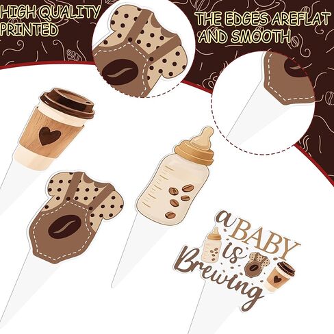 A Baby is Brewing Cupcake Toppers, Coffee Theme Baby Shower Decorations, 48 Pack, Brown Gender Reveal Party Supplies with Coffee Cup and Baby Bottle Picks in Saudi Arabia