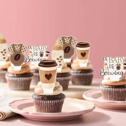 A Baby is Brewing Cupcake Toppers, Coffee Theme Baby Shower Decorations, 48 Pack, Brown Gender Reveal Party Supplies with Coffee Cup and Baby Bottle Picks in Saudi Arabia