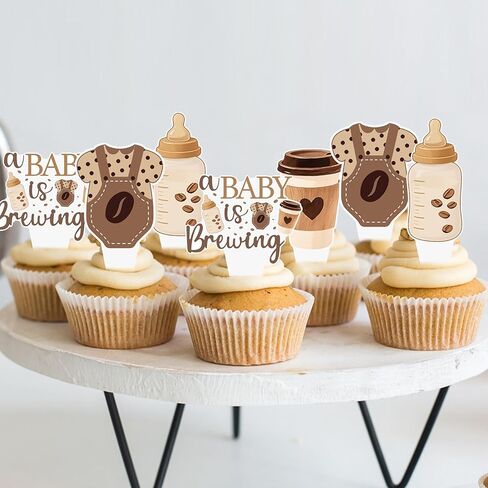 A Baby is Brewing Cupcake Toppers, Coffee Theme Baby Shower Decorations, 48 Pack, Brown Gender Reveal Party Supplies with Coffee Cup and Baby Bottle Picks in Saudi Arabia
