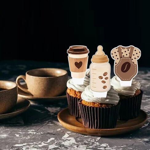 A Baby is Brewing Cupcake Toppers, Coffee Theme Baby Shower Decorations, 48 Pack, Brown Gender Reveal Party Supplies with Coffee Cup and Baby Bottle Picks in Saudi Arabia