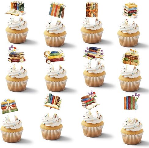 48Pcs Book-Themed Cake Cupcake Toppers, Vintage Book Themed Cake Toothpicks Party Decorations Supplies for Baby Shower, Beautifully Designed Cupcake Decorations Supplies for Library in Saudi Arabia
