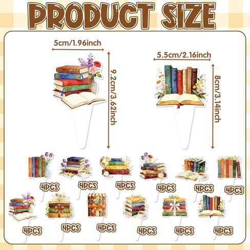 48Pcs Book-Themed Cake Cupcake Toppers, Vintage Book Themed Cake Toothpicks Party Decorations Supplies for Baby Shower, Beautifully Designed Cupcake Decorations Supplies for Library in Saudi Arabia