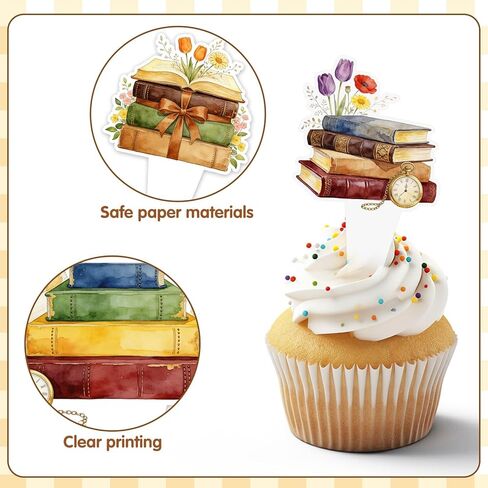 48Pcs Book-Themed Cake Cupcake Toppers, Vintage Book Themed Cake Toothpicks Party Decorations Supplies for Baby Shower, Beautifully Designed Cupcake Decorations Supplies for Library in Saudi Arabia