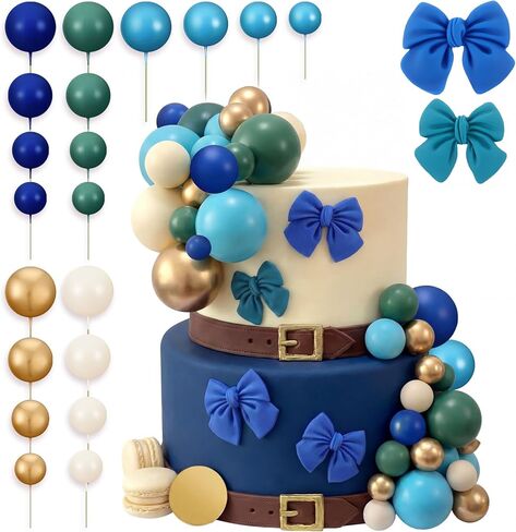 Threehoney 60 Pcs Sage Green Navy Blue Balls Cake Toppers and Bow Cake Decorations Birthday Jungle Safari Baby Shower Bridal Showers Graduation Engagements Weddings Bear Theme Party Decoration in Kuwait