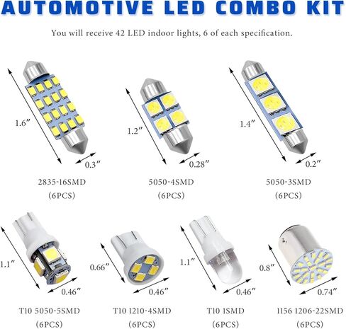 42 PCS Interior Car Lights, 6000K Super Bright Vehicle Dome Map Tail Cab Light Set, DE3175 T10 31mm 41mm 194 LED Interior Replacement Bulbs for Cars Trucks RVs Boats in Kuwait