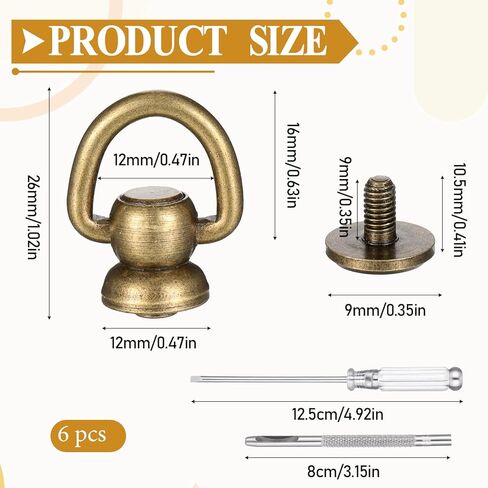 6 Pcs D Ring for Brass Rivets D Ring Stud Screw Ball Head Buttons Rotatable Purse Leather Rivets Kit Making Supplies with Belt Hole Puncher for Leather Craft Handbag Crossbody Bag in Saudi Arabia