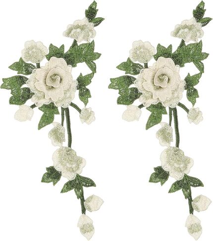 uxcell 1Pair Peony Flowers Embroidery Patches, 13.8" Sew/Iron on Patches Floral Flower Appliques Embellishments for Clothes Dress Jackets Bags DIY Crafts Sew Making, White in Kuwait