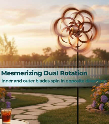 63" Metal Wind Spinner Outdoor, Double-Sided Kinetic Yard Spinner, Smooth Spinning Garden Decor, Stable 5-Prong Stake, Copper Yard Art for Lawn & Patio in Saudi Arabia